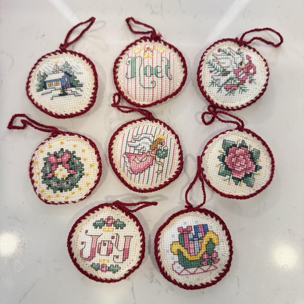 Vintage Cross-Stitch Christmas Ornaments Cottage Core Round Lot 90s Handmade